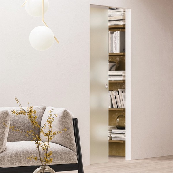 Hier klicken und tolle Eclisse Komplettsets kaufen. Eclisse Schiebetür in der Wand mit Glastürblatt ohne sichtbare Zarge